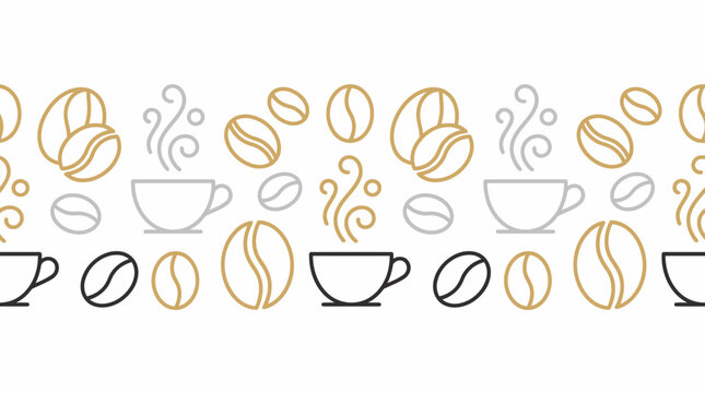 Coffee beans and steaming cups are arranged in a repeating decorative border pattern that evokes the inviting aroma and ritual of a morning caffeinated beverage.