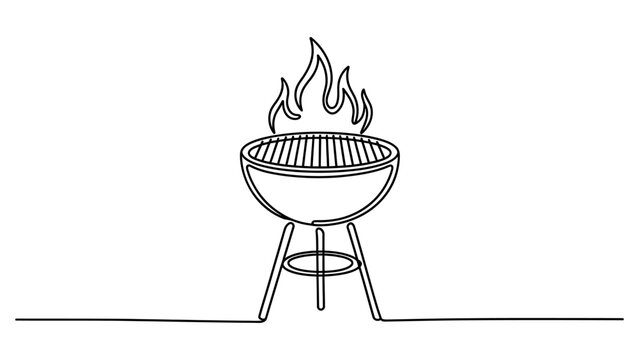 Continuous single line drawing of a barbecue grill with fire flames cooking food for a summer party in a simple minimalist black and white art style