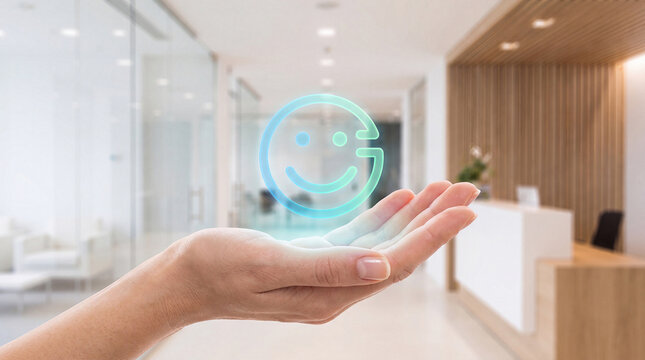 Futuristic Healthcare Concept: A Hand Presents a Smiling, Circular Logo Representing Patient Care, Innovation, and Modern Medical Services in a Bright, Contemporary Office Setting.