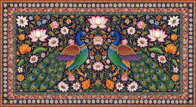 Exquisite Miniature Painting of Two Peacocks Amidst Floral Abundance.