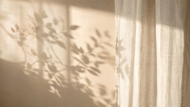 Soft blurry shadow of tree leaves on warm beige wall with white linen curtain texture under sunlight, cozy home interior background.