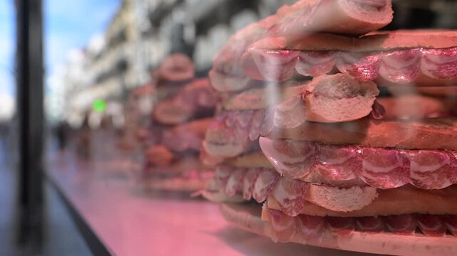 Traditional Spanish Bocadillo de Jamon Iberico with Olive Oil on Crusty Baguette Bread for Tapas Menu