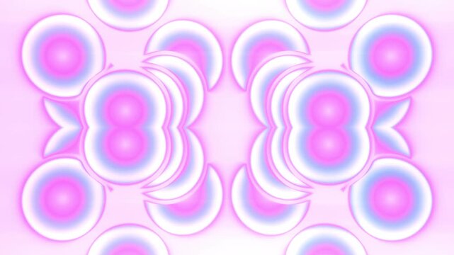 Light 4K background with pulsing 3D circles. Soft pink and blue pastel tones. A symmetrical abstract geometric pattern flows smoothly. Seamless 3D animation for elegant modern design