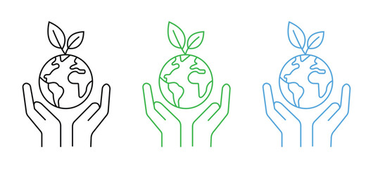 Fototapeta premium Environmental impact multiple style icon design vector - Globe with gear and leaf representing environmental impact, sustainability assessment, Global Care, and responsible resource management.