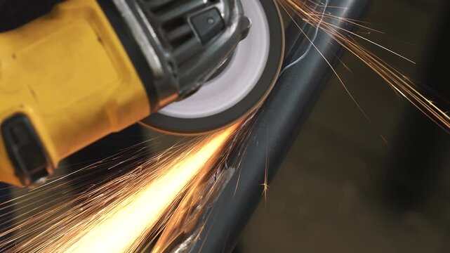 A worker creates texture on a metal pipe with a grinder, grinding off excess metal so that the pipe can later be painted to look like wood.