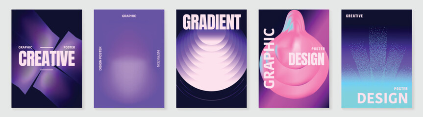 Abstract purple gradient poster templates vector set. Glowing 3D geometric forms, optical tunnel patterns and futuristic typography for modern cover, flyer, banner and wall art design. © TWINS DESIGN STUDIO