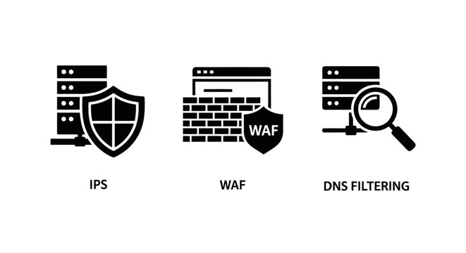 Cybersecurity Icons: IPS, WAF, DNS Filtering with Server and Shield Symbols