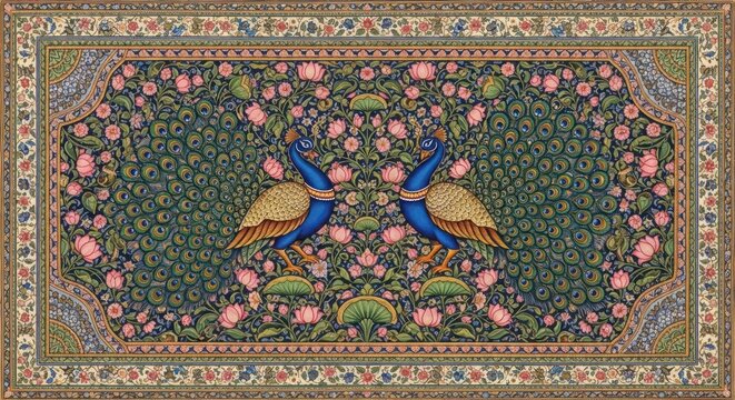 Exquisite Mughal Miniature Painting of Two Peacocks Amidst Floral Abundance.
