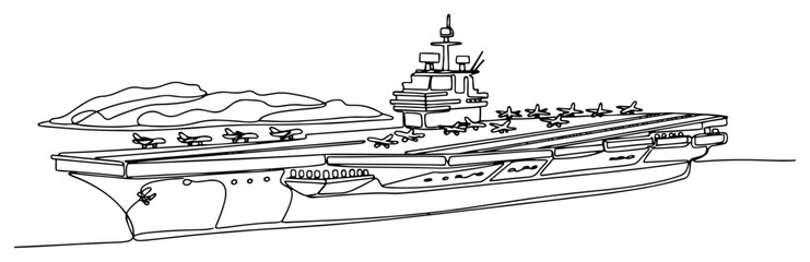 Military aircraft carrier warship with jet planes in continuous line art style © Camel