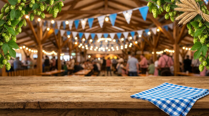 Obraz premium Oktoberfest table with napkin, hops and wheat in festive beer tent, product display and autumn celebration