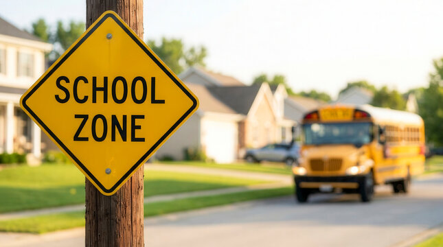Yellow SCHOOL ZONE sign on wooden post at suburban school bus street, road safety and student transportation for urban planning