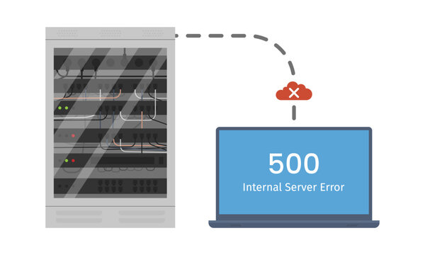 Internal Server Error 500 Network Connection Failure Concept. Flat vector illustration showing HTTP 500 Internal Server Error connecting malfunctioning server rack to laptop display with red error