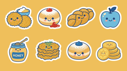 Fototapeta premium Cute vector illustration collection featuring adorable jewish holiday food items like donuts challah honey apples and gold coins for design