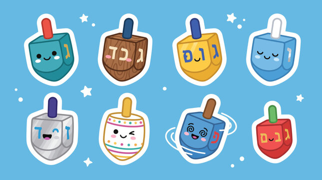 Vector illustration set featuring eight cute colorful dreidels with happy faces and hebrew letters for the festive hanukkah holiday season