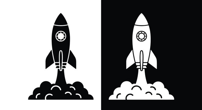 Rocket ship launch icon vector set: Glyph and solid icon set - Icon vector - logo icons. Blue, Black and white icons