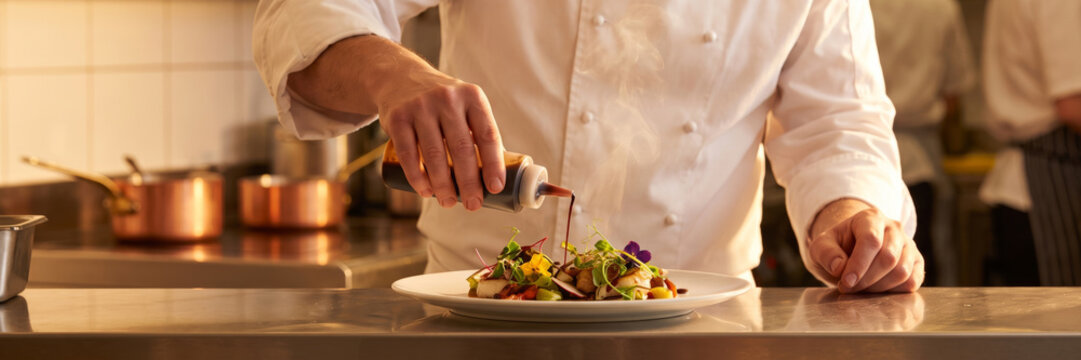 Chef drizzling sauce over a gourmet plated dish on a stainless kitchen pass for fine dining menus and luxury culinary branding.