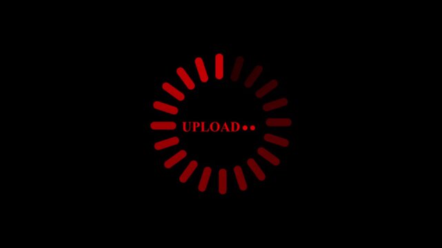 Upload circle indicator glows in bright red hues against a deep black background while showing the word upload in the center to signify that digital data is currently being transferred to the server.