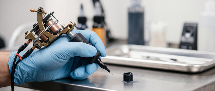 Tattoo artist hand holding tattoo machine with blue gloves over stainless tray in studio