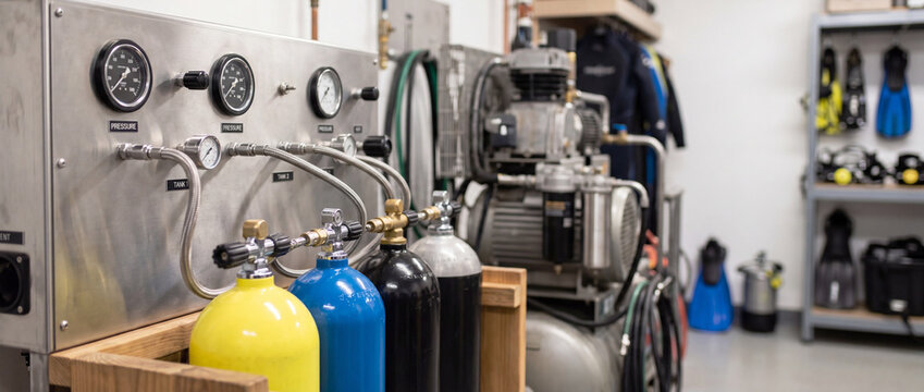 Scuba tanks and air compressor in dive shop gear room with pressure gauges and hoses