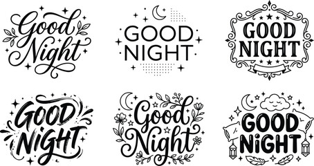 Set of six black and white good night typography designs with stars and moon elements Vector, illustration © PICTURE LAB