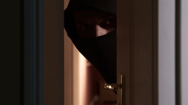 Masked intruder peeking through a doorway in low light conditions