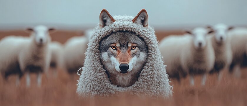 A wolf in sheep's clothing stands amongst a herd of sheep, looking directly at the viewer