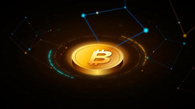 Golden Bitcoin cryptocurrency coin, digital blockchain network, decentralized finance technology. Futuristic crypto currency concept, secure online transaction, financial investment