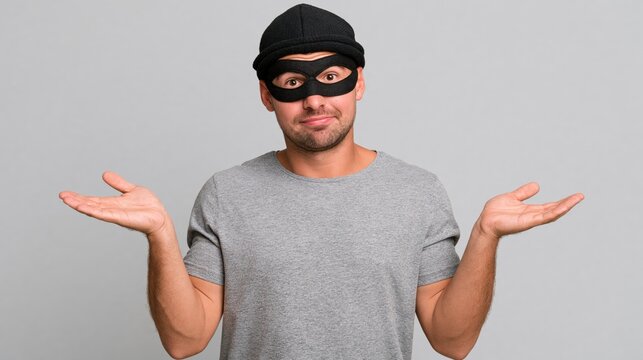 Man in burglar mask shrugs with open palms, questioning gesture