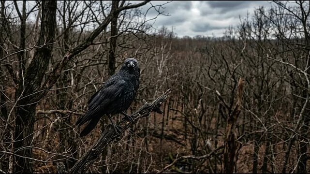 Black raven perched on a bare branch in a gloomy autumn forest.