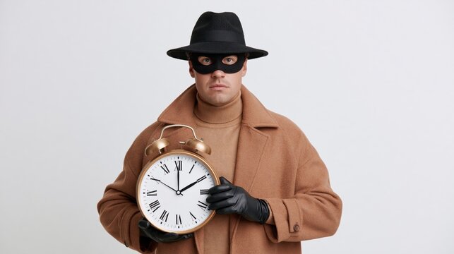 Studio portrait of a masked thief posed next to a clock