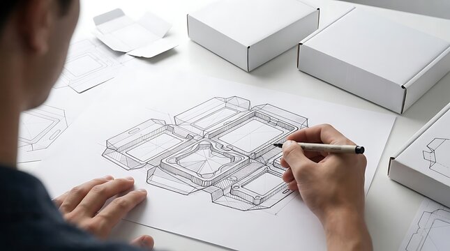 Industrial designer sketching custom cardboard packaging prototypes on paper