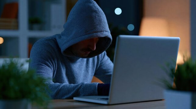 Man in hoodie secretly using a laptop at night, representing cybercrime or hacking