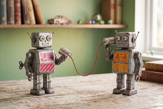 Two vintage tin robots talking on a string phone. Retro mechanical toys communicating together.