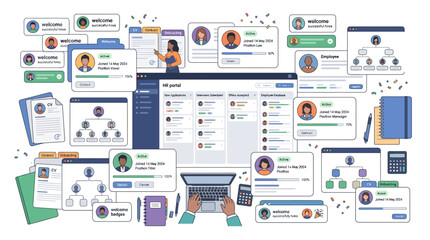 Fototapeta premium Digital organizational chart with team communication avatars