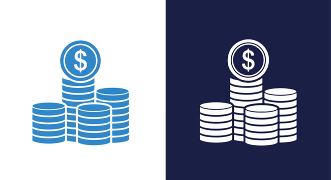 Stacked dollar coins finance vector icon: Clipart, sticker - icon set - Line and glyph solid icon and logo template 
