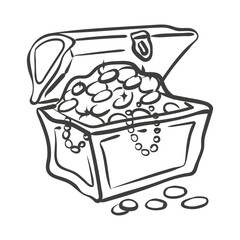 Hand-drawn ink drawing of a treasure chest filled with gold coins. Vector whimsical illustration of a summer pirate adventure doodle in simple crayon style. Black outline pirate treasure sketch.