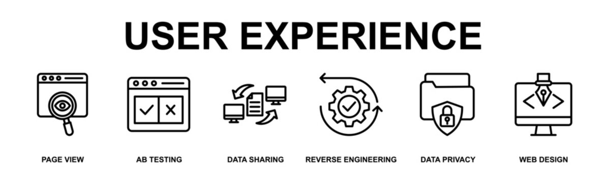 User Experience Banner Web Outline Icon Vector Illustration Concept for Technology with Icons of page view, ab testing, data sharing, reverse engineering, data privacy, web design