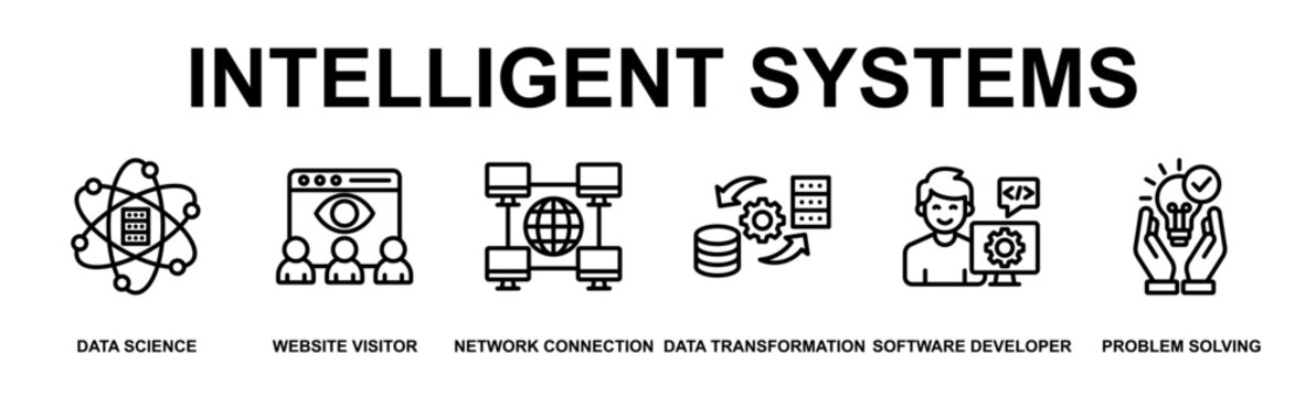 Intelligent Systems Banner Web Outline Icon Vector Illustration Concept for Technology with Icons of data science, website visitor, network connection, data transformation, software developer