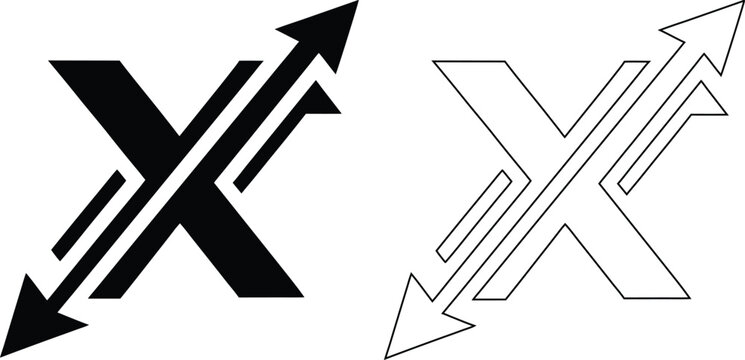 Letter x concept featuring geometric arrows in solid black and outline style on a white background