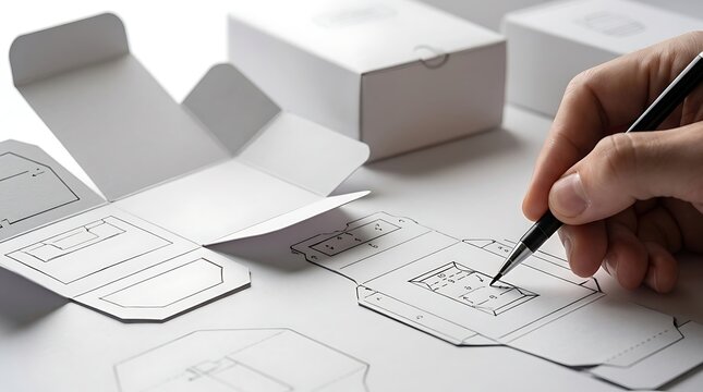Professional packaging design process with technical sketches with surrounded pre folded cardboard box models