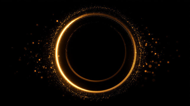 Abstract golden light ring with shimmering star dust particle texture, neon circular portal frame on black backdrop