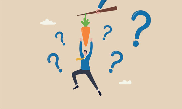 Motivation employee manipulation concept, seduced businessman jump in the air to catch tempting carrot baiting lure from the stick