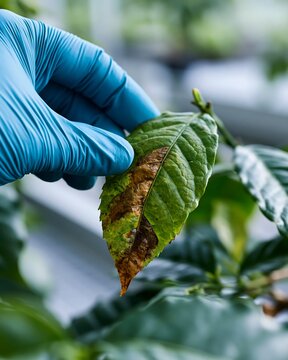 Close-up of diseased coffee leaf held by a researcher during plant health inspection. Coffee crop disease monitoring, agricultural diagnostics and climate-related crop protection