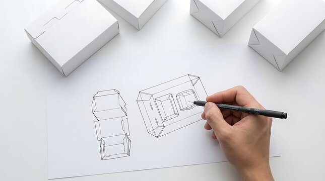 Designer sketching packaging layout for cardboard box prototypes on white desk
