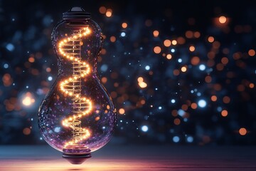 Obraz premium Glowing DNA Helix Inside a Light Bulb Conceptual Innovation Symbolizing Biological Science Advances.