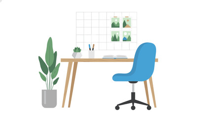 Fototapeta premium Minimalist home office desk setup with a blue swivel chair, green potted plant, wall grid, and nature photography prints.