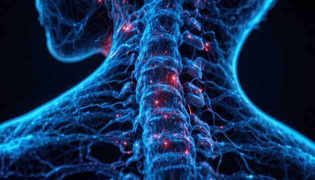 Human nervous system and spinal cord illuminated against darkness.