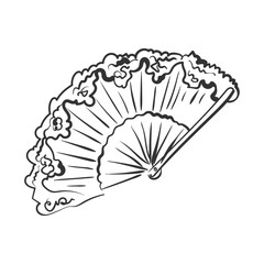 Obraz premium Hand-drawn ink drawing of a Spanish folding fan. Vector whimsical illustration of a summer beach accessory doodle in simple crayon style. Black outline elegant fan sketch isolated.