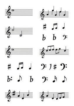 Collection of Musical Notation Elements Including Treble and Bass Clefs, Notes, Sharps, and Flats on White Background