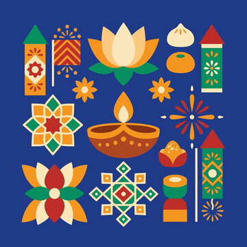 Colorful vector illustration of traditional Diwali festival elements on blue